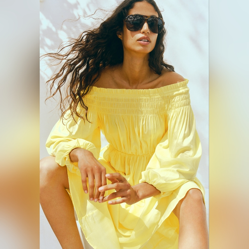 H&M Maxi Beachy Yellow Bishop Sleeve Off The Shoulder Sundress